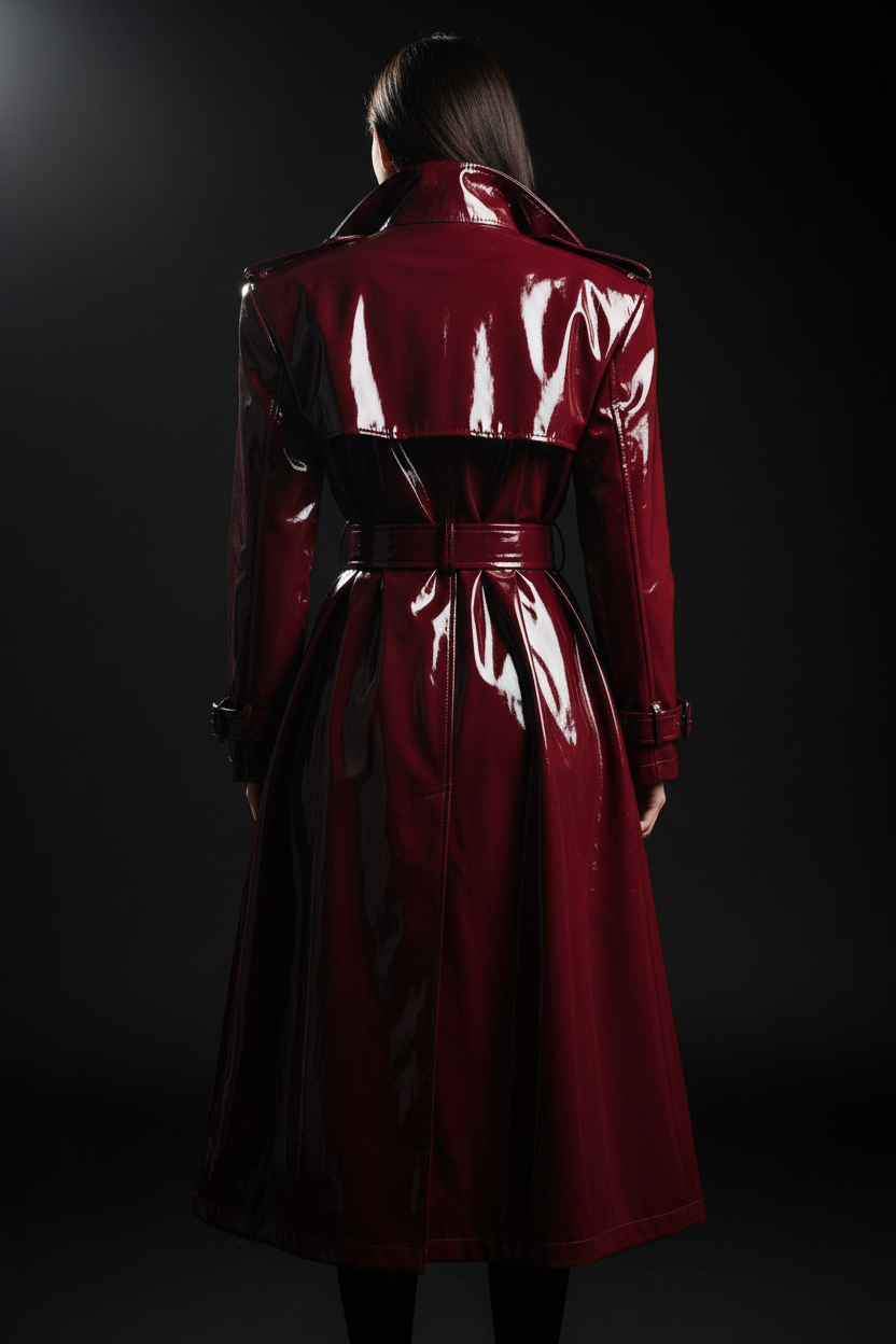 Deep red PVC trench coat back view
