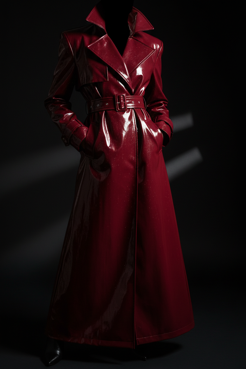 Deep red PVC trench coat